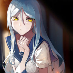Rule 34 | 1girl, abyssal ship, commentary request, grey hair, hair between eyes, hand up, highres, kantai collection, long hair, looking at viewer, open mouth, sailor collar, sailor shirt, shiny skin, shirt, short sleeves, slit pupils, solo, ta-class battleship, upper body, walzrj, yellow eyes