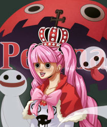 Rule 34 | 1girl, black eyes, bow, character name, corey miller, crown, female focus, ghost, jolly roger, lipstick, makeup, one piece, open mouth, perona, pink hair, pink ribbon, ribbon, shirt, short cape, simple background, smile, solo, thriller bark, twintails, umbrella, white shirt