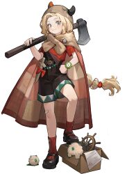 Rule 34 | 1girl, :3, axe, black shirt, black shorts, blonde hair, blue eyes, box, braid, braided ponytail, cape, cardboard box, closed mouth, erick (reverse:1999), fake horns, helmet, highres, holding, holding axe, horned helmet, horns, long hair, looking at viewer, official art, red cape, red shirt, red socks, reverse:1999, shirt, short sleeves, shorts, smile, socks, solo, standing, steering wheel, tachi-e, third-party source, transparent background, very long hair