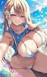 Rule 34 | 1girl, armpits, bare arms, beach, bikini, blue eyes, blush, breasts, brown hair, bubble, cleavage, clothes lift, flower, grin, hair flower, hair ornament, highres, large breasts, long hair, looking at viewer, mole, mole on breast, multicolored bikini, multicolored clothes, navel, ocean, original, selfie, shirt lift, side-tie bikini bottom, skindentation, sky, sleeveless, smile, solo, squatting, string bikini, swept bangs, swimsuit, tank top, thighs, tomose shunsaku, water, wet