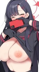Rule 34 | 1girl, black choker, black gloves, black hair, black sailor collar, black serafuku, black shirt, black skirt, blue archive, blush, breasts, breasts out, cellphone, choker, closed eyes, clothes lift, commentary, covered mouth, flashing, gloves, hair ornament, hairclip, halo, highres, holding, holding phone, ichika (blue archive), large breasts, lifting own clothes, long hair, long sleeves, looking at viewer, mobu, neckerchief, nipples, no bra, parted bangs, phone, red halo, red neckerchief, safety pin, sailor collar, school uniform, serafuku, shirt, shirt lift, simple background, skirt, smartphone, solo, upper body, white background