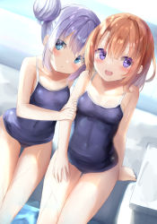 Rule 34 | 2girls, :&lt;, :d, arm grab, bad id, bad pixiv id, bare arms, bare shoulders, blue eyes, blue hair, blue one-piece swimsuit, blush, breasts, brown hair, closed mouth, commentary request, competition school swimsuit, double bun, gochuumon wa usagi desu ka?, hair between eyes, hair bun, highres, hoto cocoa, kafuu chino, looking at viewer, multiple girls, natuna natu, one-piece swimsuit, open mouth, purple eyes, school swimsuit, sitting, small breasts, smile, swimsuit, wet