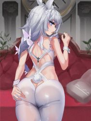 Rule 34 | + +, 1girl, animal ear fluff, animal ears, ass, ass cutout, ass grab, azur lane, back, bare shoulders, blue eyes, blush, braid, breasts, butt crack, clothing cutout, contrapposto, couch, cowboy shot, fake animal ears, fingernails, from behind, grey hair, grey nails, hand up, highleg, highleg leotard, highres, indoors, jewelry, le malin (azur lane), le malin (listless lapin) (azur lane), leotard, long fingernails, long hair, looking at viewer, looking back, mookie (e mook9), nail polish, official alternate costume, pantyhose, pillow, playboy bunny, rabbit ears, rabbit tail, revealing clothes, shoulder blades, sideboob, sidelocks, skin tight, skindentation, solo, tail, thick thighs, thighs, twin braids, underboob, very long hair, white hair, white leotard, white pantyhose, wrist cuffs, wristband