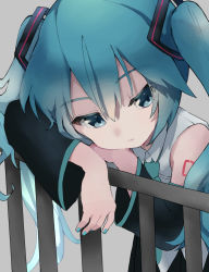 Rule 34 | 1girl, akkai (0343), aqua eyes, aqua hair, aqua nails, aqua necktie, bare shoulders, bent over, black skirt, black sleeves, bored, commentary, detached sleeves, expressionless, grey background, grey shirt, hair ornament, half-closed eyes, hand on own arm, handrail, hatsune miku, head rest, highres, long hair, looking to the side, nail polish, necktie, shirt, shoulder tattoo, skirt, sleeveless, sleeveless shirt, solo, standing, tattoo, twintails, very long hair, vocaloid