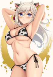 Rule 34 | 1girl, alisa ilinichina amiella, animal ears, animal print, armpits, arms behind head, arms up, bare shoulders, bikini, black ribbon, blue eyes, blush, breasts, chinese zodiac, closed mouth, collarbone, cow ears, cow horns, cow print, cowboy shot, frown, god eater, hair between eyes, highres, horns, large breasts, long hair, navel, print bikini, ribbon, side-tie bikini bottom, silver hair, skindentation, solo, stomach, sweat, swimsuit, two-tone background, underboob, watanuki kaname, year of the ox
