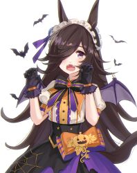Rule 34 | 1girl, animal ears, bad id, bad twitter id, bat (animal), bat wings, black bow, black bowtie, black gloves, black hair, black hairband, blue flower, blue wings, bow, bowtie, brooch, center frills, claw pose, collared shirt, commentary, fangs, flower, frilled hairband, frills, gloves, hair flower, hair ornament, hair over one eye, hair ribbon, hairband, halloween, halloween costume, highres, horse ears, horse girl, horse tail, jack-o&#039;-lantern ornament, jewelry, long hair, looking at viewer, motion lines, official alternate costume, open mouth, orange bow, puffy short sleeves, puffy sleeves, purple eyes, purple ribbon, purple skirt, ribbon, rice shower (umamusume), shidare (youh4016), shirt, short sleeves, simple background, skirt, solo, spider web print, standing, tail, umamusume, white background, white shirt, wings