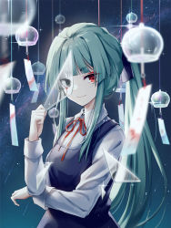 Rule 34 | 1girl, akinomiya asuka, black eyes, blood, blue dress, closed mouth, collared shirt, commentary request, dress, green hair, heterochromia, highres, holding, long sleeves, mystical power plant, neck ribbon, red eyes, red ribbon, ribbon, shirt, sleeve cuffs, smile, solo, suitokuin tenmu, touhou, white shirt