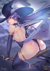 Rule 34 | 1girl, absurdres, ass, back, bare shoulders, black dress, blush, boots, breasts, broom, broom riding, costume, dress, fate/grand order, fate (series), halloween, hat, high heel boots, high heels, highres, huge filesize, large breasts, long hair, looking at viewer, looking back, night, night sky, nyahpa20, purple hair, red eyes, scathach (fate), scathach skadi (fate), sky, smile, thigh boots, thighhighs, witch, witch hat