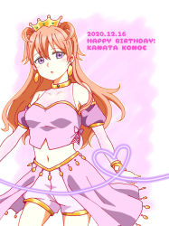 Rule 34 | 1girl, absurdres, artist name, artist request, bare legs, blush, bow, bracelet, breasts, brown hair, butterfly (love live!), choker, cleavage, clothing cutout, collarbone, cropped shirt, crown, detached sleeves, double bun, dress, dress shirt, earrings, female focus, gold bracelet, hair between eyes, hair bun, hair rings, harem outfit, heart, heart (symbol), heart print, highres, jewelry, konoe kanata, long hair, looking at viewer, love live!, love live! nijigasaki high school idol club, love live! school idol festival, navel, outstretched arms, parted lips, puffy short sleeves, puffy sleeves, purple bow, purple eyes, purple ribbon, purple shirt, purple shorts, ribbon, shirt, short sleeves, shorts, shoulder cutout, small breasts, smile, solo, spread arms, two side up, white background, yellow bracelet, yellow choker
