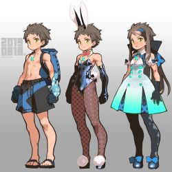 Rule 34 | 1boy, animal ears, bare shoulders, black leotard, bow, bowtie, brown hair, closed mouth, crossdressing, dated, dress, fake animal ears, full body, gloves, leotard, long hair, nipples, pantyhose, playboy bunny, rabbit ears, rex (xenoblade), sandals, sasaki tomomi, solo, strapless, strapless leotard, toes, traditional bowtie, xenoblade chronicles (series), xenoblade chronicles 2