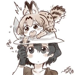Rule 34 | 10s, 2girls, :o, ^^^, animal ears, bad id, bad twitter id, black eyes, black gloves, black hair, blush, bucket hat, chibi, dated, derivative work, gloves, grabbing, hat, hat feather, kaban (kemono friends), kemono friends, limited palette, looking up, mini person, minigirl, multiple girls, muted color, nyororiso (muyaa), on head, serval (kemono friends), serval print, serval tail, short hair, simple background, sketch, tail, tears, white background