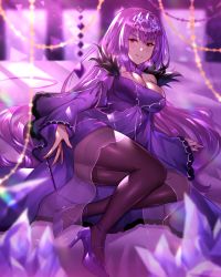 Rule 34 | 1girl, bare shoulders, black pantyhose, breasts, cleavage, dress, fate/grand order, fate (series), feather trim, hair between eyes, headpiece, heiyan shenshi, high heels, highres, large breasts, long sleeves, off-shoulder dress, off shoulder, pantyhose, purple dress, purple footwear, purple hair, purple ribbon, red eyes, ribbon, scathach (fate), scathach skadi (fate), solo, thighband pantyhose, tiara, wand, wide sleeves