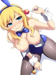 Rule 34 | 1girl, animal ears, bare shoulders, black pantyhose, blonde hair, blue bow, blue eyes, blue nails, blush, bow, bowtie, breasts, candy, detached collar, fake animal ears, food, from above, highres, idolmaster, idolmaster cinderella girls, large breasts, leotard, lollipop, long hair, looking at viewer, mouth hold, nail polish, nipples, ohtsuki yui, pantyhose, pataneet, playboy bunny, rabbit ears, shiny clothes, simple background, sitting, smile, solo, white background, wrist cuffs
