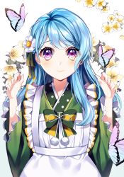 Rule 34 | 1girl, alternate hairstyle, apron, bad id, bad pixiv id, bang dream!, blue hair, blush, bow, bowtie, bug, butterfly, clenched hands, floral background, flower, frilled apron, frills, green bow, green bowtie, green kimono, green ribbon, hair flower, hair ornament, hair ribbon, hands up, insect, japanese clothes, kimono, long hair, looking at viewer, maid, maid apron, matsubara kanon, minori (faddy), pom pom (clothes), purple eyes, ribbon, smile, solo, striped bow, striped bowtie, striped clothes, striped neckwear, upper body, wa maid, white apron, white flower, yellow flower