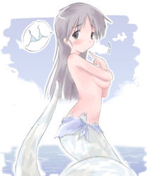 Rule 34 | 1girl, abubu, bad id, blush, breast hold, breasts, brown eyes, brown hair, covering privates, covering breasts, embarrassed, from side, grey eyes, grey hair, lamia, long hair, looking at viewer, mermaid, monster girl, ocean, original, outdoors, sarong, sky, solo, source request, sweatdrop, topless, water