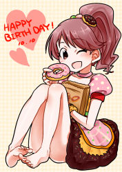 Rule 34 | 1girl, bag, barefoot, blush, brown hair, clenched hand, collarbone, convenient leg, doughnut, doughnut hair ornament, dress, eating, english text, eyelashes, feet, feet together, female focus, food, food-themed hair ornament, full body, hair ornament, happy, happy birthday, heart, holding, holding doughnut, holding food, idolmaster, idolmaster cinderella girls, knees up, legs, legs together, long hair, looking at viewer, namco, neck, one eye closed, open mouth, paper bag, parted bangs, ponytail, shiina noriko, shinkai kiiro, sitting, smile, soles, thighs, toe scrunch, toenails, toes, upskirt, wink