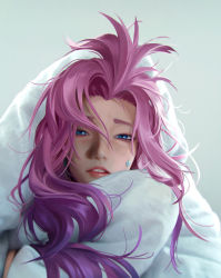 Rule 34 | 1girl, bed sheet, blue eyes, commentary, english commentary, facial mark, highres, league of legends, lips, long hair, looking at viewer, messy hair, official art, pink hair, seraphine (league of legends), sleepy, solo, star (symbol), waking up