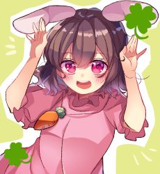 Rule 34 | 1girl, animal ears, blush, breasts, carrot necklace, clover, commentary request, dress, floppy ears, four-leaf clover, frilled sleeves, frills, hair between eyes, highres, inaba tewi, jewelry, looking at viewer, meimei (meimei89008309), necklace, open mouth, pink dress, rabbit ears, rabbit girl, rabbit pose, red eyes, short hair, small breasts, smile, solo, touhou, upper body