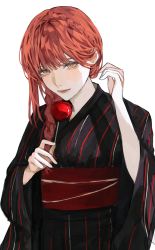 Rule 34 | 1girl, candy apple, chainsaw man, food, highres, inuo (inuo x), japanese clothes, kimono, long hair, looking at viewer, makima (chainsaw man), red hair, sash, simple background, smile, solo, white background