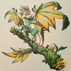 Rule 34 | animal focus, artist name, branch, brown background, claws, commentary, cross-shaped pupils, dragon, english commentary, from side, full body, highres, horns, looking at viewer, moss, multiple horns, no humans, open mouth, original, signature, simple background, smile, solo, spikes, spread wings, standing on branch, symbol-shaped pupils, tail, twitter username, yamamura le, yellow eyes, yellow wings