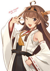 Rule 34 | 1girl, ahoge, breasts, brown hair, dated, detached sleeves, double bun, hair bun, hairband, headgear, japanese clothes, kantai collection, kongou (kancolle), long hair, nontraditional miko, one-hour drawing challenge, one eye closed, open mouth, purple eyes, ribbon-trimmed sleeves, ribbon trim, shiozaki zoe, simple background, solo, twitter username, v, white background