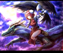Rule 34 | 1girl, bandages, bird, blue eyes, boots, claws, double bun, dragon, dragon horns, eagle, eastern dragon, facial mark, facial tattoo, fangs, female focus, flower, flying, glowing, glowing eyes, horns, ibaraki kasen, letterboxed, looking at viewer, pink eyes, pink flower, pink hair, pink rose, red eyes, riding, rose, ryuuichi (f dragon), shirt, short hair, skirt, smile, solo, tabard, tattoo, touhou