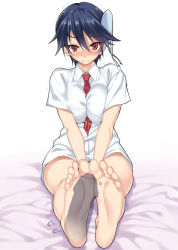 Rule 34 | 10s, 1girl, barefoot, between breasts, blue hair, blush, breast press, breasts, breasts squeezed together, cle masahiro, feet, feet together, footjob, foreshortening, gradient background, hair ornament, highres, looking at viewer, mole, mole under eye, nisekoi, penis, red eyes, short hair, simple background, sitting, soles, solo focus, toes, tsugumi seishirou, v arms, white background