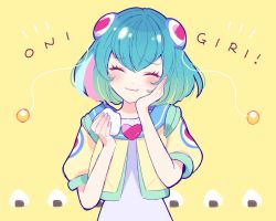 Rule 34 | 1girl, blue hair, blush, bun cover, closed eyes, closed mouth, eating, food, hagoromo lala, holding, holding food, jacket, medium hair, onigiri, open clothes, open jacket, precure, shirt, short sleeves, solo, standing, star twinkle precure, suyamii, upper body, white shirt, yellow background, yellow jacket