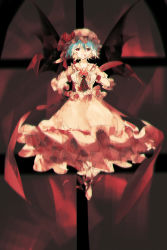 Rule 34 | 1girl, ascot, bat wings, blood, blood from mouth, blood on clothes, blood on face, blue hair, brooch, commentary request, frilled shirt collar, frills, full body, hair between eyes, hat, hat ribbon, highres, jewelry, looking at viewer, mob cap, red ascot, red eyes, red footwear, red hat, red ribbon, red shirt, red skirt, red theme, remilia scarlet, ribbon, shirt, short hair, short sleeves, skirt, solo, tian (my dear), touhou, window, wings