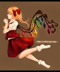 Rule 34 | 1girl, ascot, bad id, bad pixiv id, blonde hair, bow, brown background, chiyu (kumataro0x0), closed eyes, english text, flandre scarlet, floating, full body, glowing, hair bow, highres, interlocked fingers, legs, letterboxed, no headwear, no shoes, own hands clasped, own hands together, profile, puffy short sleeves, puffy sleeves, red skirt, red vest, shirt, short hair, short sleeves, side ponytail, simple background, skirt, skirt set, solo, touhou, vest, white shirt, wings