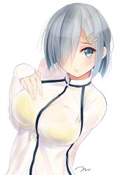 Rule 34 | 10s, 1girl, alternate costume, arm behind back, blue eyes, bra, breasts, commentary request, eyebrows, hair ornament, hair over one eye, hairclip, hamakaze (kancolle), highres, kantai collection, large breasts, long sleeves, looking at viewer, see-through, short hair, simple background, solo, sportswear, tebi (tbd11), underwear, white background, white hair