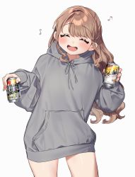 Rule 34 | 1girl, :d, ^ ^, beer can, brown hair, can, closed eyes, commentary request, drink can, grey background, grey jacket, highres, holding, holding can, jacket, kodama&#039;s elder sister (sakura yuki), long hair, long sleeves, musical note, open mouth, original, parted bangs, sakura yuki (clochette), simple background, smile, solo, strong zero