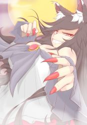 Rule 34 | 1girl, animal ears, black hair, breasts, brooch, cleavage, cube85, evil grin, evil smile, fingernails, full moon, grin, highres, imaizumi kagerou, jewelry, long fingernails, long sleeves, looking at viewer, moon, nail polish, pink eyes, red nails, shirt, skirt, smile, solo, tail, touhou, werewolf, wide sleeves, wolf ears, wolf tail