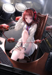 Rule 34 | 1girl, bare legs, barefoot, blazer, chair, drum, drumsticks, feet, feet on chair, from above, hand on headphones, headphones, highres, horikawa raiko, instrument, jacket, keyboard (computer), looking at viewer, looking up, mouse (computer), necktie, open mouth, purple necktie, red eyes, red hair, ryosios, shirt, short hair, sitting, skirt, solo, touhou