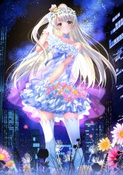 Rule 34 | 10s, 1girl, adjusting hair, aqua choker, artist name, artist request, bare shoulders, birthday, blonde hair, blue bow, blue sky, blush, bow, bowtie, breasts, brown eyes, brown hair, choker, city, city lights, cityscape, cloud, collarbone, detached collar, dress, earrings, female focus, flower, flower on head, flower wreath, frilled dress, frilled skirt, frills, gloves, grey hair, hair bobbles, hair flower, hair ornament, hair rings, happy birthday, head wreath, highres, jewelry, light brown hair, long hair, looking at viewer, love live!, love live! school idol festival, love live! school idol project, minami kotori, miniskirt, necklace, night, night sky, outdoors, parted lips, pearl necklace, plaid, plaid dress, plaid skirt, pleated, pleated dress, pleated skirt, ponytail, side ponytail, skirt, sky, sleeveless, sleeveless dress, smile, solo, star (sky), strapless, strapless dress, swordsouls, thighhighs, white detached collar, white dress, white gloves, white skirt, white thighhighs, yellow eyes, yume no tobira