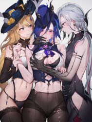 Rule 34 | 3girls, absurdres, arlecchino (genshin impact), bare shoulders, bite mark, bite mark on breast, bite mark on shoulder, black gloves, black panties, black pantyhose, blonde hair, blue eyes, blue hair, blue headwear, blush, breasts, bruise, clorinde (genshin impact), cowboy shot, cuts, drooling, earrings, finger in another&#039;s mouth, genshin impact, gloves, grabbing, grabbing another&#039;s breast, grey hair, hat, hickey, highres, holding another&#039;s wrist, injury, jewelry, large breasts, lipstick mark, lipstick mark on face, lipstick mark on shoulder, long hair, looking at another, multicolored nails, multiple girls, navel, navia (genshin impact), open mouth, panties, pantyhose, parted lips, qiandaiyiyu, revision, saliva, simple background, slap mark, smile, stomach slap mark, thighs, tongue, torn clothes, torn pantyhose, underwear, vision (genshin impact), yuri