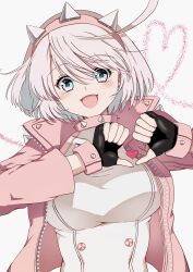 Rule 34 | 1girl, absurdres, aqua eyes, blush, bracelet, breasts, collar, elphelt valentine, guilty gear, guilty gear strive, hairband, highres, jacket, jewelry, kinoko5656, large breasts, long sleeves, looking at viewer, open mouth, pink hairband, pink jacket, short hair, sideboob, smile, spiked bracelet, spiked collar, spiked hairband, spikes, white hair