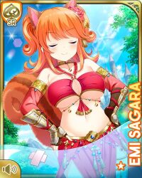 Rule 34 | 1girl, animal ears, armor, belly dancer, blob, blue eyes, bow, breasts, brown bow, card (medium), character name, cleavage, closed eyes, closed mouth, day, forest, girlfriend (kari), hair ornament, large breasts, looking at viewer, midriff, nature, navel, official art, orange hair, outdoors, qp:flapper, sagara emi, smile, squirrel ears, squirrel tail, tagme, tail, tree, twintails