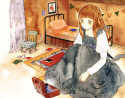 Rule 34 | 1girl, bed, bedroom, blush, bow, braid, brown eyes, brown hair, bug, card, carpet, chair, commentary, curtains, dress, english commentary, giant, giantess, hair bow, indoors, kaka123, long hair, long sleeves, original, painting (medium), painting (object), pennant, pillow, puffy sleeves, rug, sidelocks, sitting, solo, table, traditional media, watercolor (medium), wooden floor