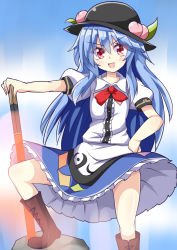 Rule 34 | &gt;:d, 1girl, :d, black hat, blue hair, blue skirt, blush, boots, bow, bowtie, brown footwear, buttons, cross-laced footwear, dress shirt, food, frilled skirt, frills, fruit, hand on own hip, hat, hinanawi tenshi, keyaki chimaki, lace-up boots, leaf, long hair, looking at viewer, open mouth, peach, planted, planted sword, planted weapon, puffy short sleeves, puffy sleeves, rainbow order, red bow, red bowtie, red eyes, shirt, short sleeves, skirt, smile, solo, sword, sword of hisou, thighs, touhou, v-shaped eyebrows, weapon, white shirt, wind, wind lift