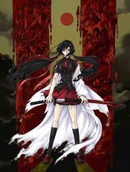 Rule 34 | 10s, 1girl, bell, black hair, blood-c, clamp, glasses, grey eyes, katana, kisaragi saya, official art, solo, sword, torn clothes, twintails, weapon