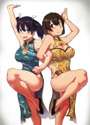 Rule 34 | 10s, 2girls, alternate costume, blue hair, breasts, brown hair, china dress, chinese clothes, cleavage cutout, clothing cutout, commentary request, dress, gradient background, hair ribbon, hiryuu (kancolle), kantai collection, large breasts, locked arms, looking at another, multiple girls, open mouth, quipao, ribbon, short hair, side slit, simple background, souryuu (kancolle), standing, standing on one leg, toritora, twintails