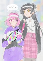 Rule 34 | ..., 2girls, ahoge, bag, black hair, black jacket, blue hair, blunt bangs, blurry, blurry background, cellphone, clothing cutout, commentary, depth of field, earrings, fanny pack, frown, hair intakes, heart, heart cutout, heart earrings, height difference, highres, hood, hoodie, idolmaster, idolmaster shiny colors, jacket, jewelry, long hair, long sleeves, looking at phone, mayuzumi fuyuko, multicolored clothes, multicolored hair, multicolored hoodie, multiple girls, outdoors, phone, pink eyes, pink hair, pink lips, pink skirt, plaid, plaid skirt, rn10r, shared thought bubble, shirt, short hair, shoulder bag, single earring, skirt, smartphone, thought bubble, two-tone hair, two side up, upper body, walking, white shirt, yellow eyes, yumemi riamu