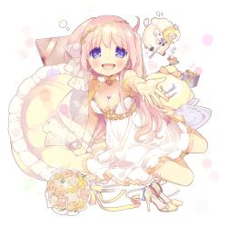 Rule 34 | arm support, barefoot, blue eyes, blush, bouquet, box, breasts, cleavage, collarbone, dress, earrings, flower, gift, gift box, gold trim, high heels, jewelry, leg ribbon, long hair, looking at viewer, official art, one side up, open mouth, pillow, pink hair, ribbon, sheep, shoes, unworn shoes, solo, thigh ribbon, transparent background, uchi no hime-sama ga ichiban kawaii