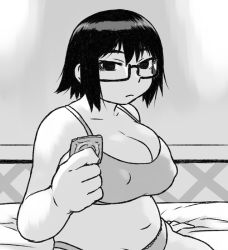 Rule 34 | 1girl, bra, breasts, cleavage, condom wrapper, covered erect nipples, glasses, greyscale, imminent penetration, large breasts, looking at viewer, monochrome, navel, on bed, original, panties, plump, semi-rimless eyewear, short hair, solo, tsukudani (coke-buta), under-rim eyewear, underwear, underwear only