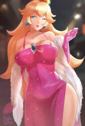 Rule 34 | 1girl, blonde hair, blue eyes, breasts, brooch, covered navel, crown, dress, earrings, elbow gloves, evening gown, gloves, highres, jewelry, large breasts, long hair, looking at viewer, mario (series), nintendo, official alternate costume, one eye closed, open mouth, pink dress, princess peach, rinku bny, shawl, side slit, smile, solo, sparkle, sphere earrings, super mario all stars, thighs