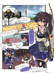 Rule 34 | 10s, 1boy, 1girl, admiral (kancolle), bow (weapon), brown hair, comic, damaged, fire, flight deck, highres, japanese clothes, kaga (kancolle), kantai collection, long hair, military, military uniform, multiple girls, naval uniform, pun, side ponytail, thighhighs, tonchinkan, torn clothes, torn legwear, translation request, uniform, weapon