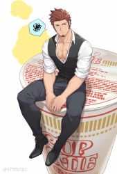 Rule 34 | 00047, 1boy, :/, bara, black footwear, black vest, blue eyes, brown hair, collarbone, collared shirt, cross scar, facial hair, fate/grand order, fate (series), food, full body, goatee, grey pants, long sideburns, male focus, mini person, miniboy, muscular, muscular male, napoleon bonaparte (fate), noodles, official alternate costume, open clothes, open shirt, oversized object, pants, partially unbuttoned, pectoral cleavage, pectorals, pout, scar, scar on chest, shirt, short hair, sideburns, sleeves rolled up, solo, thick thighs, thighs, thought bubble, tight clothes, tight pants, vest, white shirt