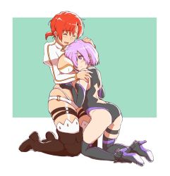 Rule 34 | 2girls, ^ ^, ass, back, bare shoulders, bikini, black leotard, blush, boots, boudica (fate), breasts, cleavage, closed eyes, elbow gloves, fate/grand order, fate (series), gloves, green background, hair over one eye, headpat, high heel boots, high heels, juliet sleeves, kneeling, large breasts, leotard, light purple hair, long sleeves, mash kyrielight, multiple girls, o-ring, open mouth, puffy sleeves, purple eyes, red hair, short hair, short ponytail, shrug (clothing), smile, swimsuit, thigh strap, thighhighs, thighhighs under boots, tomei000, white bikini, white legwear