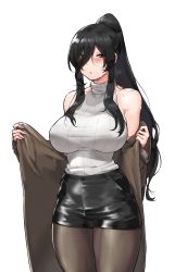 Rule 34 | 1girl, bad id, bad pixiv id, bare shoulders, black eyes, black hair, black pantyhose, black shorts, breasts, brown coat, coat, cowboy shot, fingernails, hair over one eye, high ponytail, highres, large breasts, long fingernails, long hair, long sleeves, looking at viewer, mimyo, nail polish, open clothes, open coat, original, pantyhose, pantyhose under shorts, parted lips, pink lips, pink nails, ponytail, shorts, sidelocks, simple background, sleeveless, sleeveless turtleneck, solo, turtleneck, undressing, very long hair, water drop, wet, white background